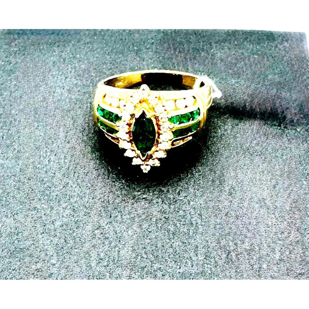 14K yellow gold Emerald and Diamond Ring; size 8.75